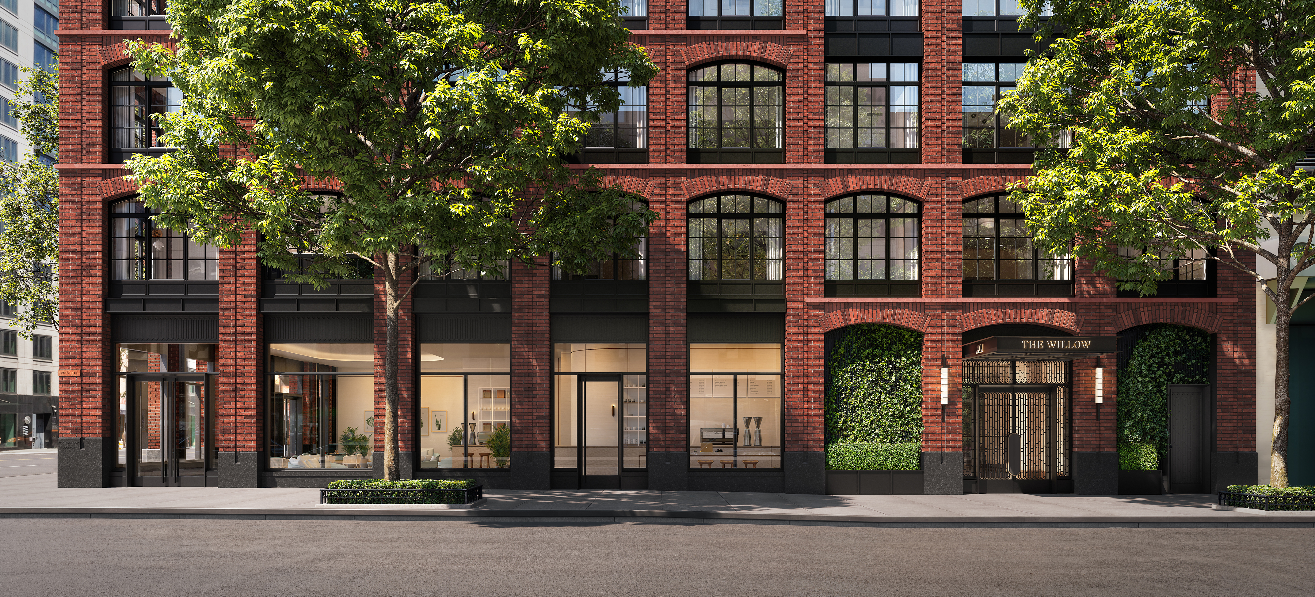 The Willow Gramercy exterior with brick façade and industrial-style multi-pane windows