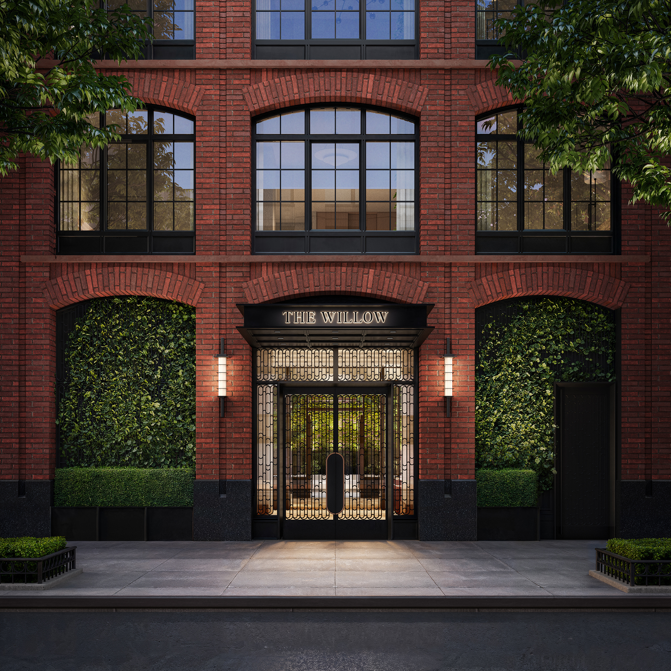 The Willow Gramercy entrance at dusk at 201 East 23rd Street in Manhattan.