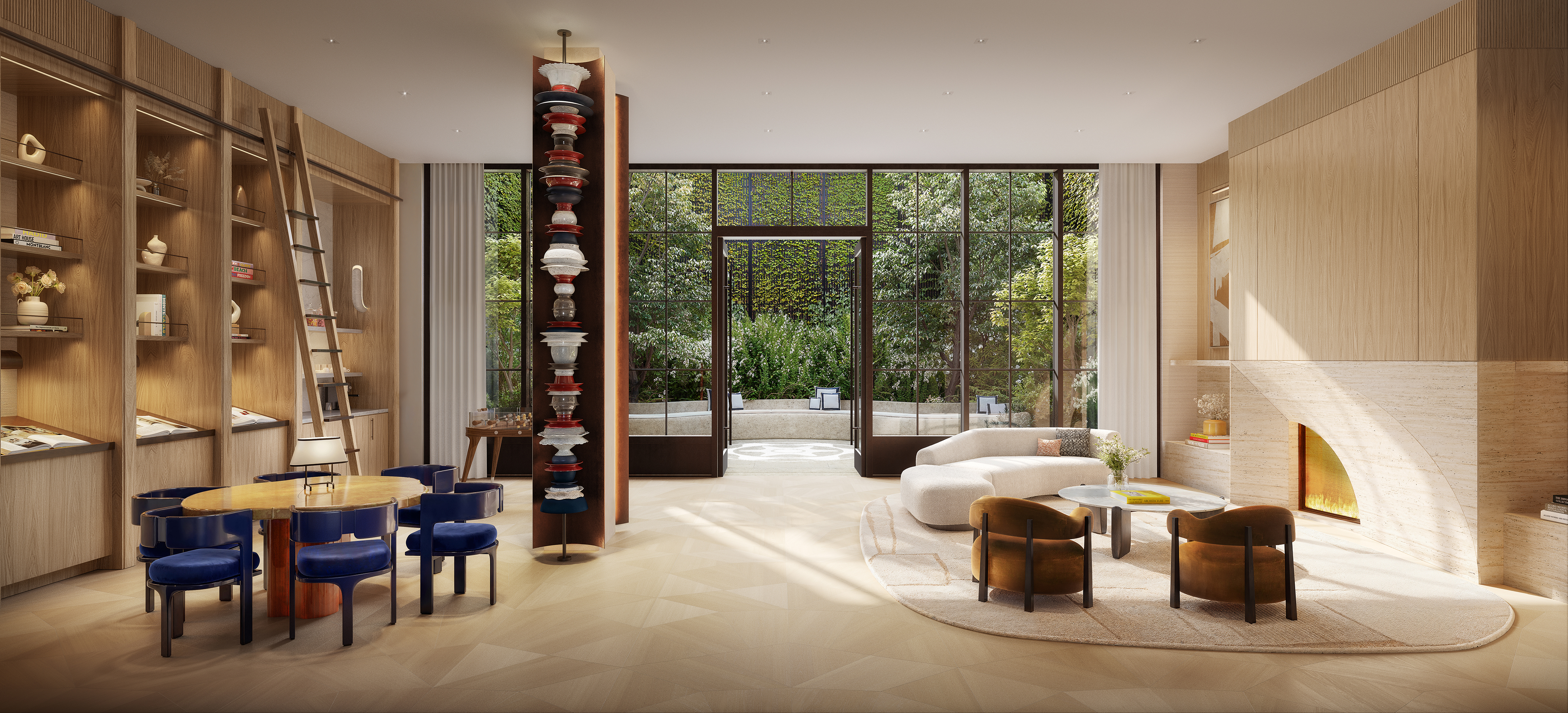 Luxury library lobby at The Willow Residences in Gramercy, NYC.