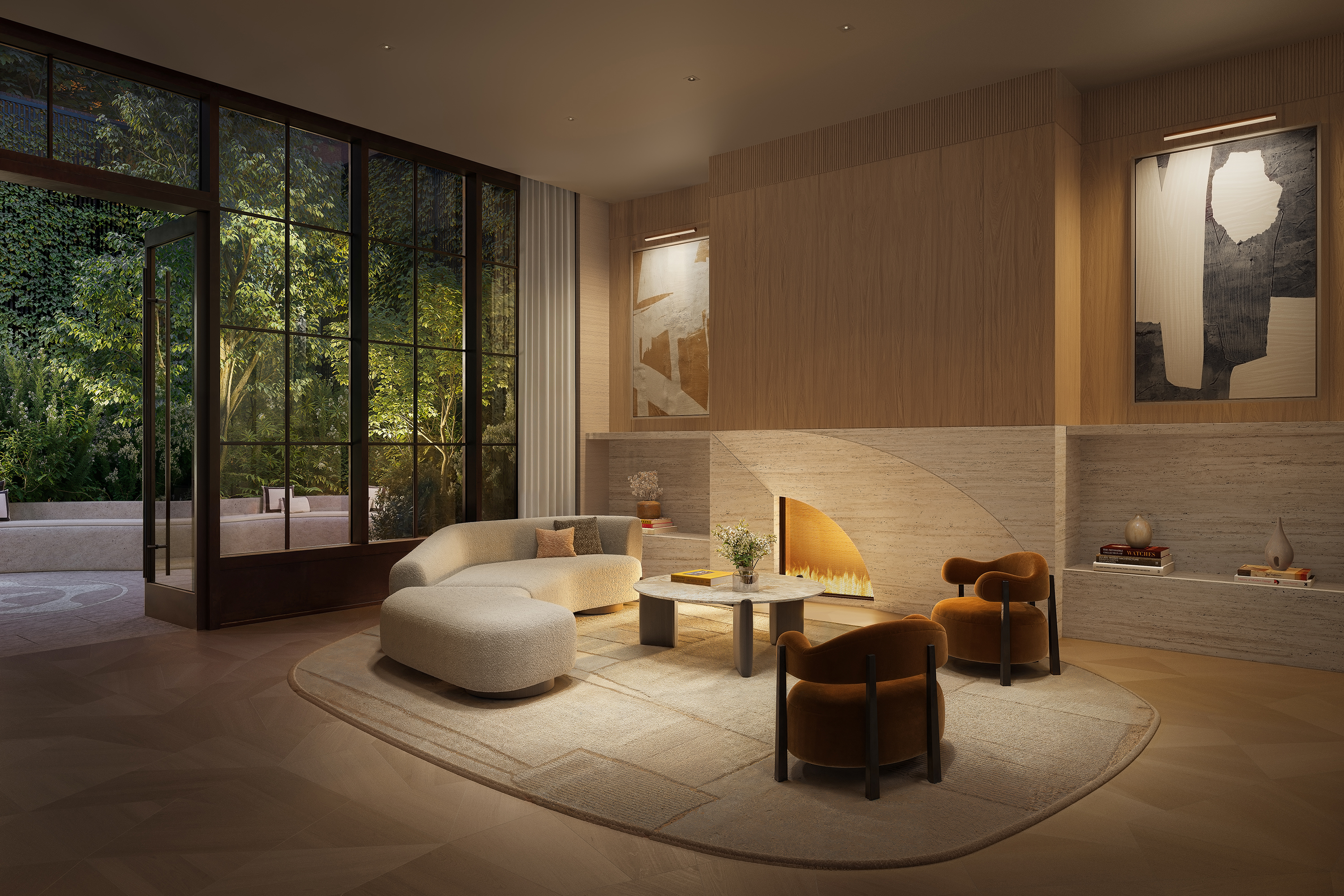 Luxury library lobby at dusk at The Willow Residences in Gramercy, NYC.
