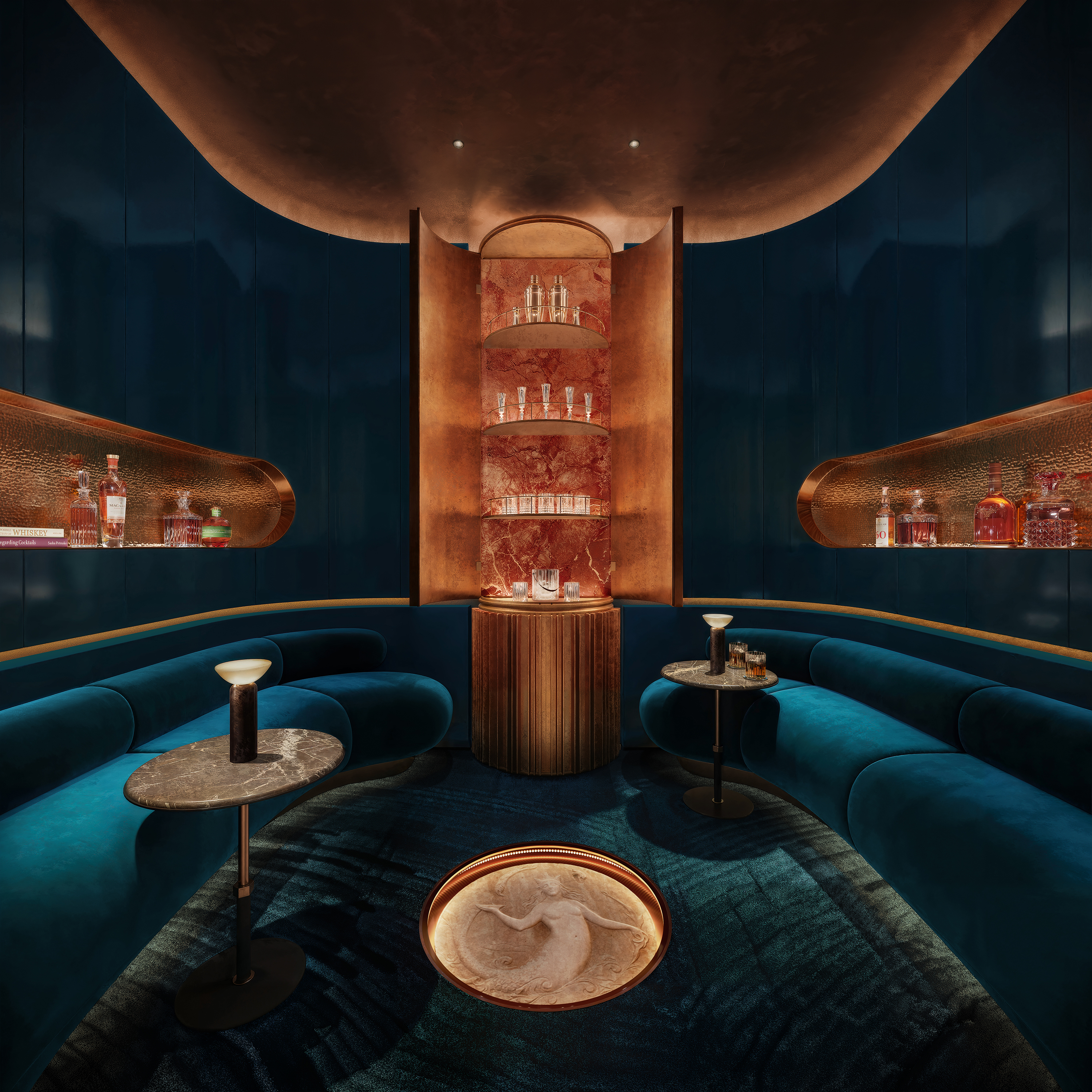 The Mermaid Room with velvet banquettes at The Willow Gramercy new development in NYC by Naftali Group.