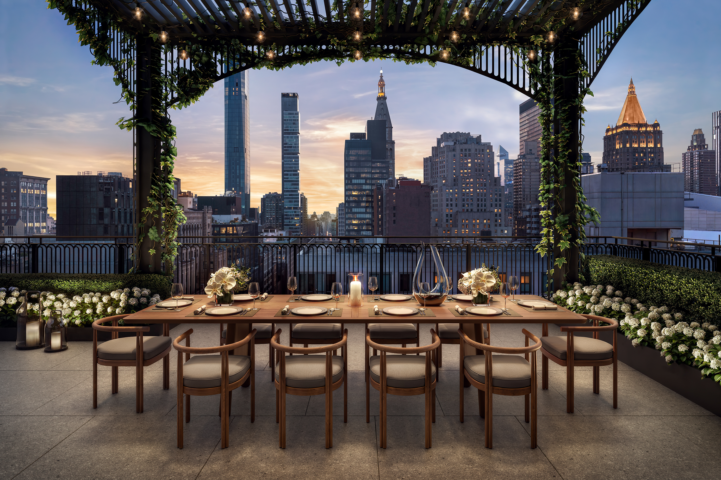 Rooftop terrace pergola at The Willow Gramercy, new luxury development at 201 East 23rd Street.