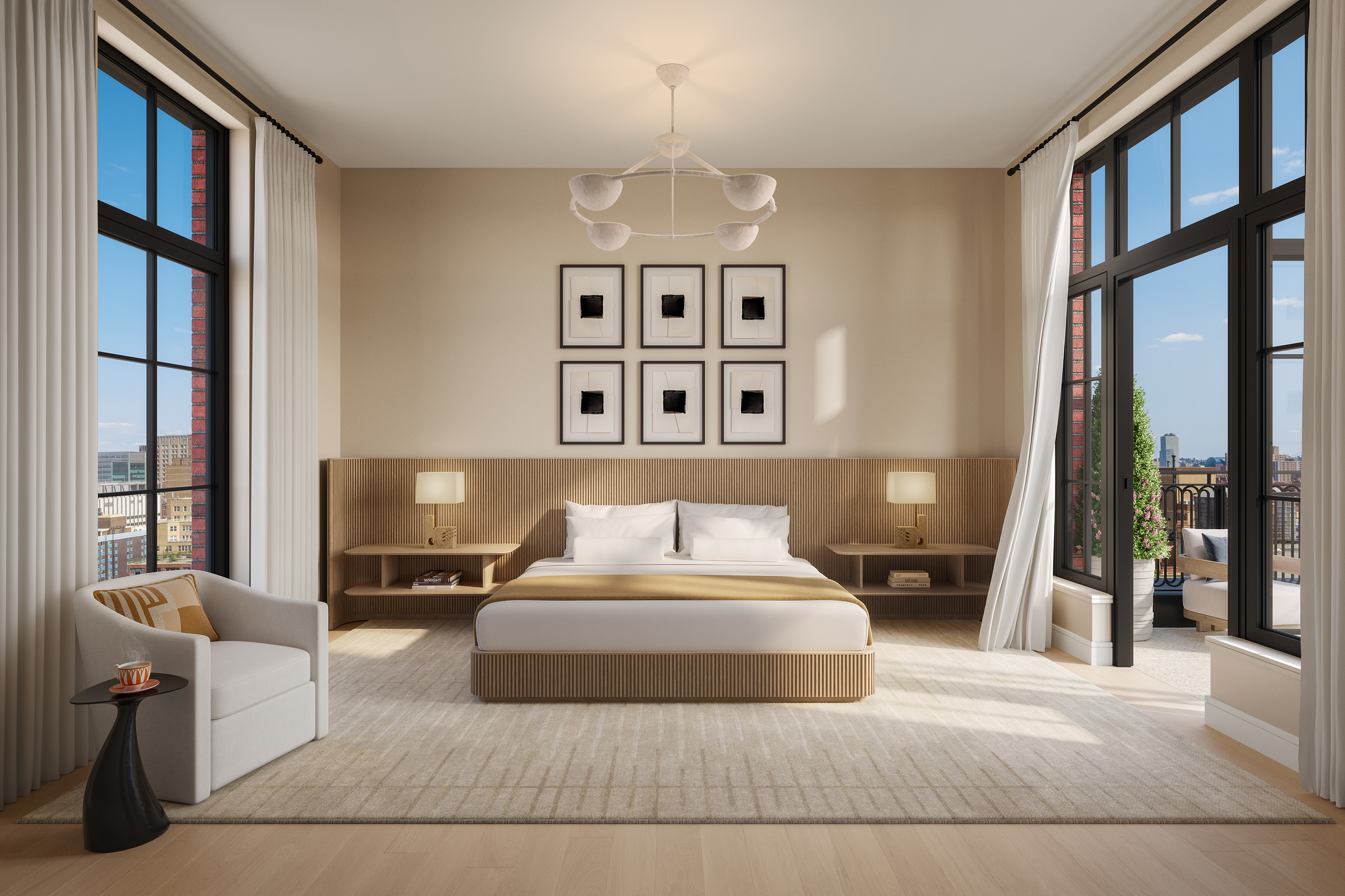 Primary bedroom at The Willow with terrace views and radiant heated floors.